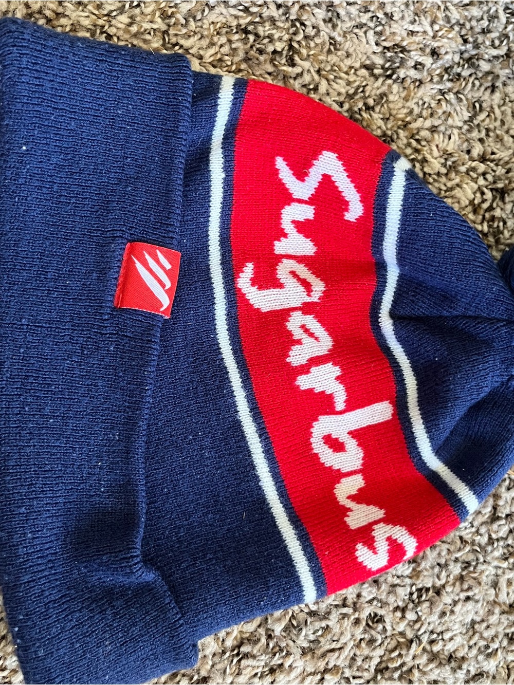 Stylized Script Knit Beanie in Navy & Red